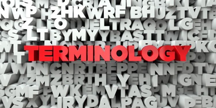Red Terminology Text amongst white letters to represent Glossary